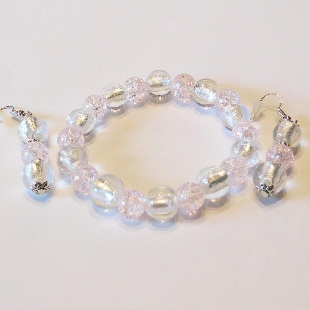 Handmade Frosted & Pink Glass Beaded Stretch Bracelet & Earrings - 7.75"